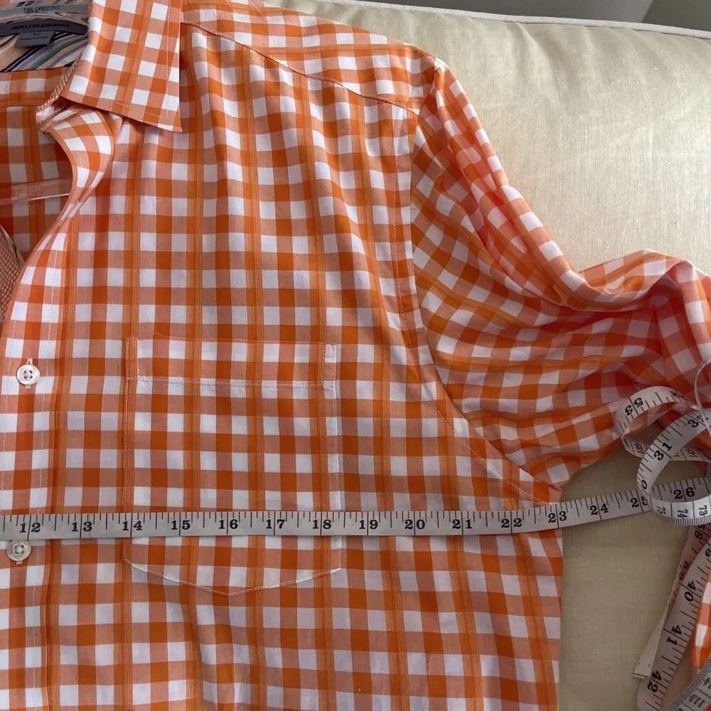 Johnston & Murphy tailored fit Orange Gingham Plaid shirt Contrast Trim Size M